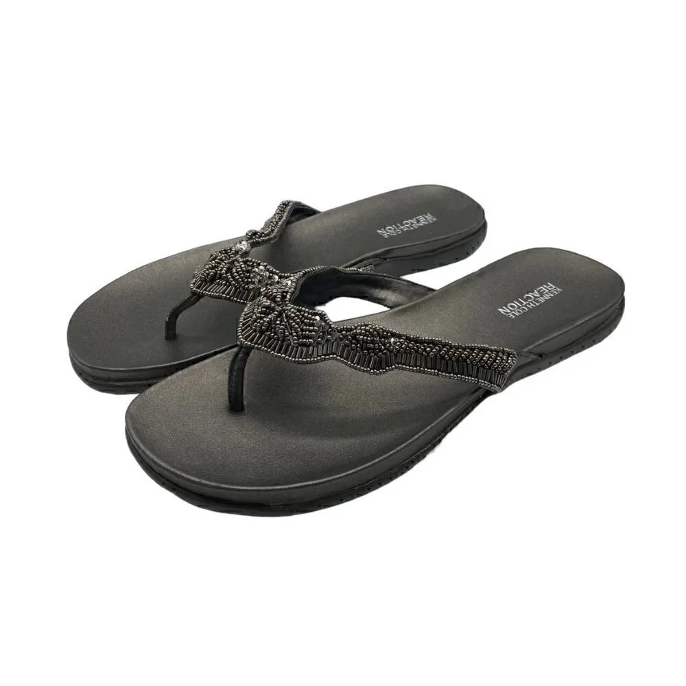 Kenneth Cole Reaction Women Sandals Flip Flops Flats Beaded Detail Gunmetal 10M